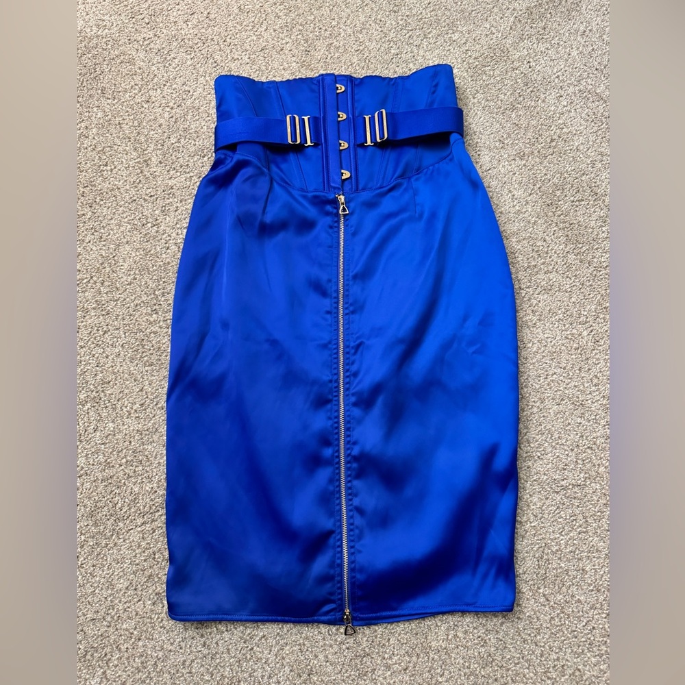 Honey Birdette Electric Blue Satin High-Waist Pencil Skirt. Medium
